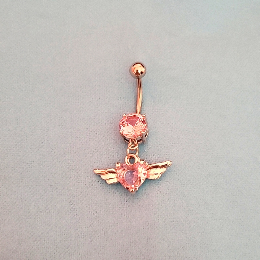 🆕️ Stainless Steel Angel Wings Pink Heart Zircon Belly Button Ring
